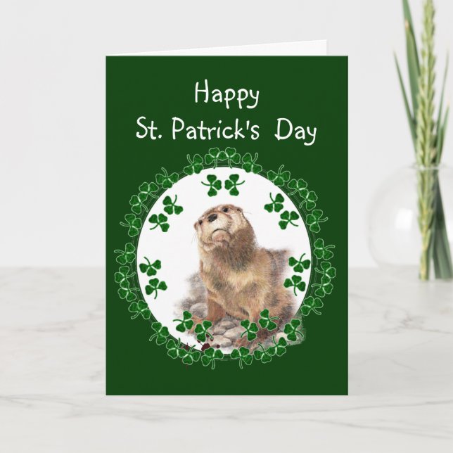 Happy St. Patrick's Day Shamrock Otter Animal fun Card (Front)