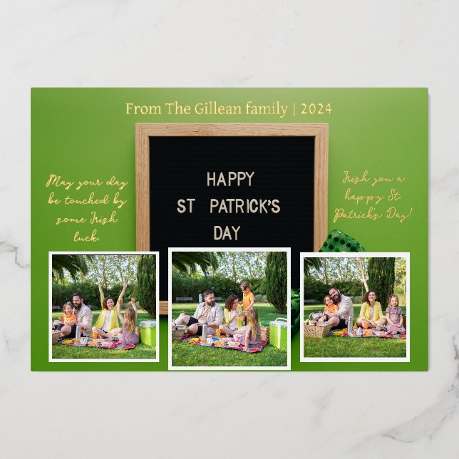Happy St. patrick's day Shamrocks family 3 photo Foil Holiday Card (Front)