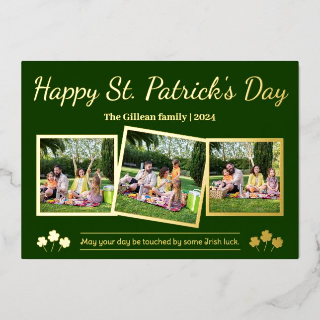 Happy St. patrick's day Shamrocks family 3 photo Foil Holiday Card (Front)