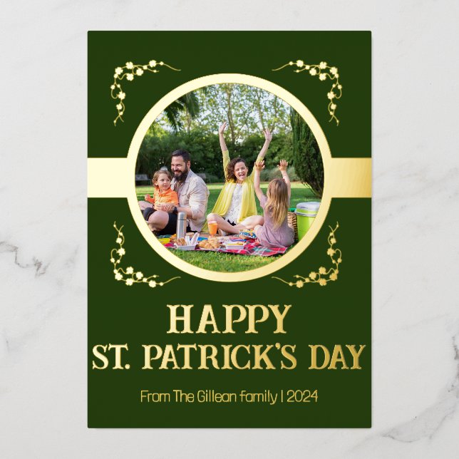 Happy St patricks day Shamrocks family One photo Foil Holiday Card (Front)