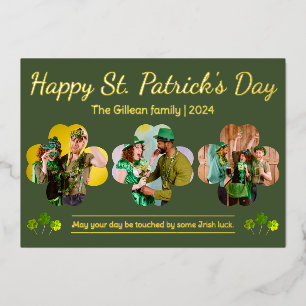 Happy St patricks day Shamrocks family photo  Foil Holiday Card