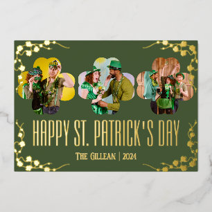 Happy St patricks day Shamrocks family photo  Foil Holiday Card