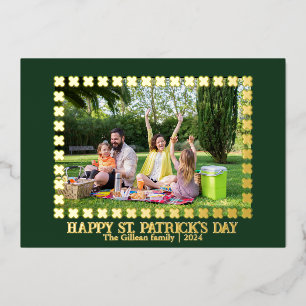 Happy St patricks day Shamrocks family photo Foil Holiday Card