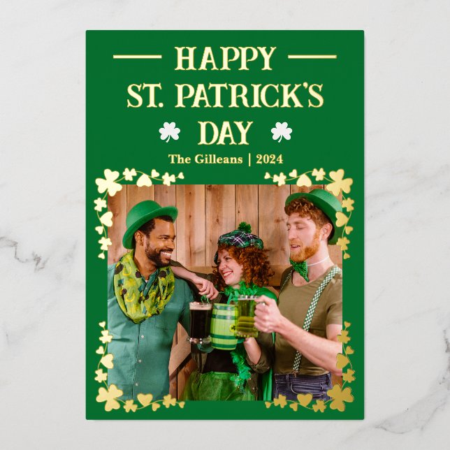 Happy St patricks day Shamrocks Family Photo Foil Holiday Card (Front)