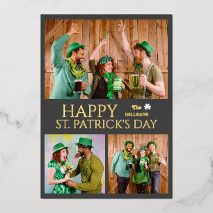 Happy St patricks day Shamrocks family photo Foil Holiday Card