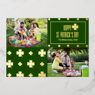 Happy St patricks day Shamrocks family Two photo Foil Holiday Card