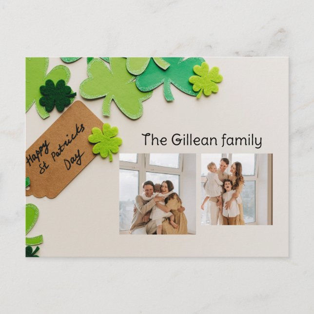 Happy St. patrick's day Shamrocks family two photo Holiday Postcard (Front)