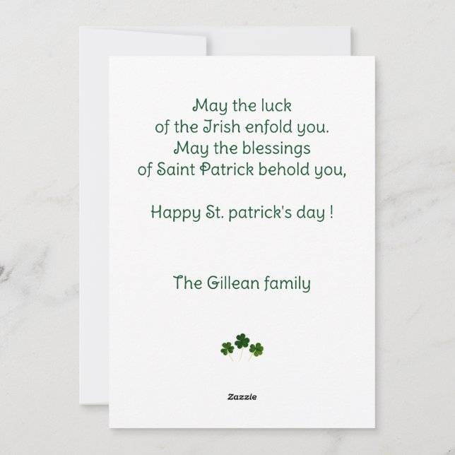 Happy St. patrick's day Shamrocks kid photo  Holiday Card (Back)