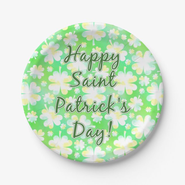 Happy St Patrick's Day Shamrocks Retro Watercolor Paper Plate (Front)