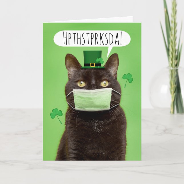 Happy St. Patrick's Day Talking Cat in Face Mask Holiday Card (Front)