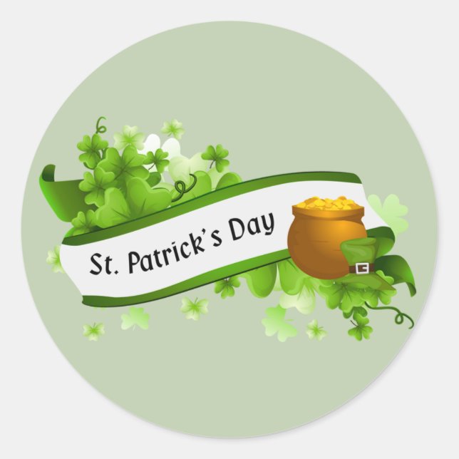 Happy St. Patrick's Day text and pot of gold Classic Round Sticker (Front)