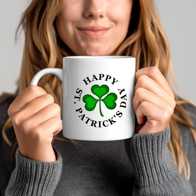 HAPPY ST. PATRICK'S DAY Text with green Shamrock Coffee Mug (HAPPY ST. PATRICK'S DAY Text with green Shamrock Coffee Mug)