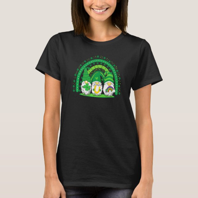 Happy St Patrick's Day Three Gnomes Shamrock Rainb T-Shirt (Front)