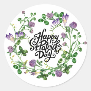 Happy St.Patrick's Day. Watercolor Clover Wreath C Classic Round Sticker