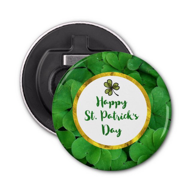 Happy St. Patrick's Day with Green Clovers Bottle Opener (Front)