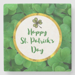Happy St. Patrick's Day with Green Clovers Stone Coaster