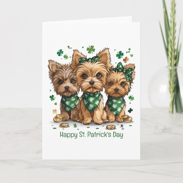 Happy St. Patrick's Day Yorkshire Terrier Dogs Holiday Card (Front)