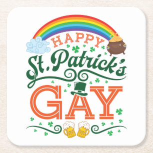 Happy St. Patricks Gay LGBTQ Pride Rainbow Square Paper Coaster