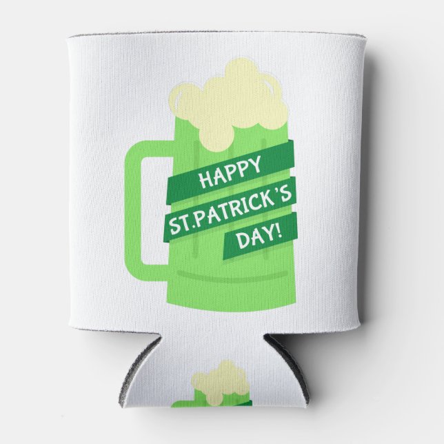 happy st patricks green beer can cooler (Front)