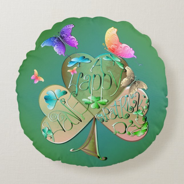 "Happy St. Patrick's "Shamrock Round Pillow (Front)