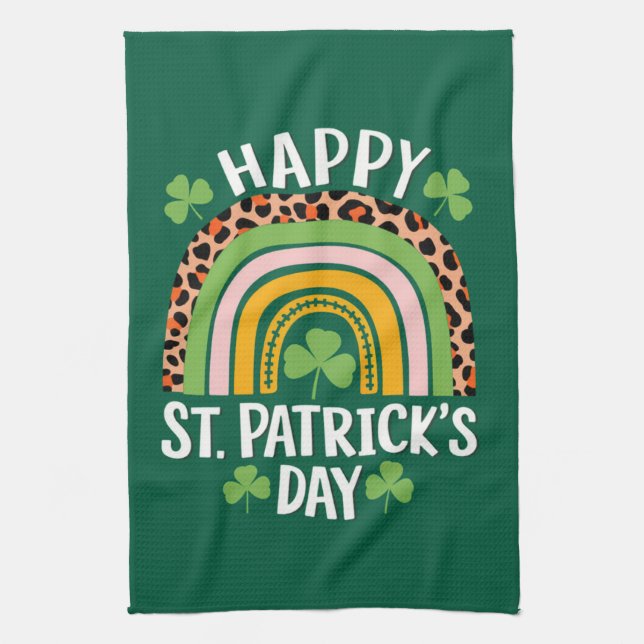 Happy St Saint Patrick's Day Rainbow Shamrock  Kitchen Towel (Vertical)