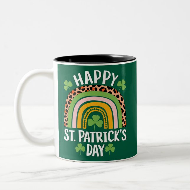 Happy St Saint Patrick's Day Rainbow Shamrock  Two-Tone Coffee Mug (Left)