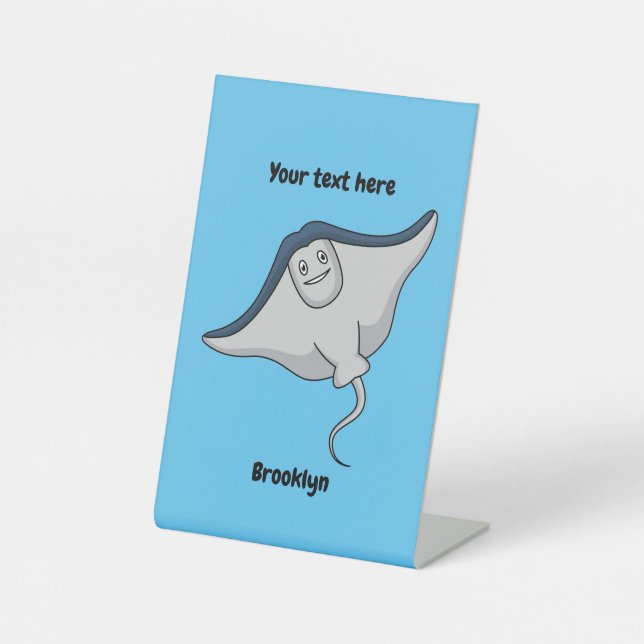 Happy stingray fish cartoon illustration  pedestal sign (Front)