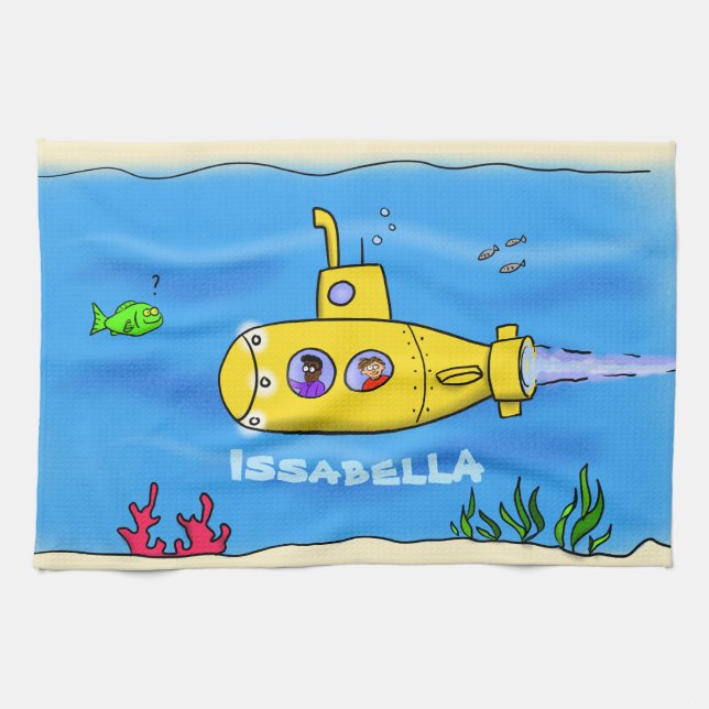Happy submarine cartoon kitchen towel (Horizontal)