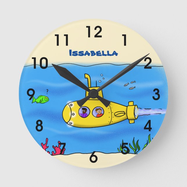 Happy submarine cartoon round clock (Front)