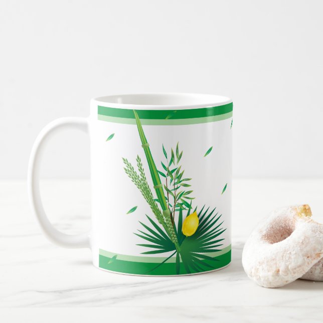Happy Sukkot Lulav and Etrog Watercolor Pattern Coffee Mug (With Donut)