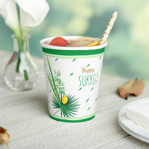 Happy Sukkot Lulav and Etrog Watercolor Pattern Pa Paper Cups