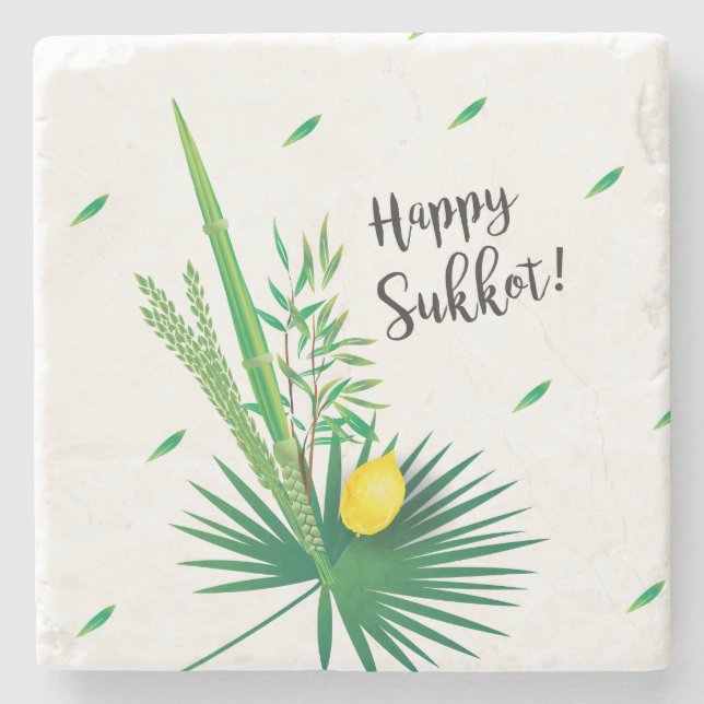 Happy Sukkot Lulav and Etrog Watercolor Pattern Stone Coaster (Front)