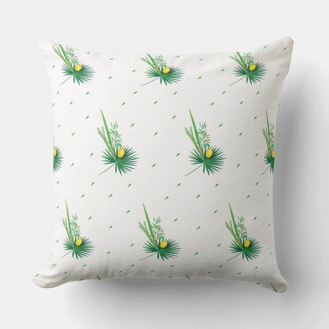 Happy Sukkot Lulav and Etrog Watercolor Pattern Throw Pillow (Front)