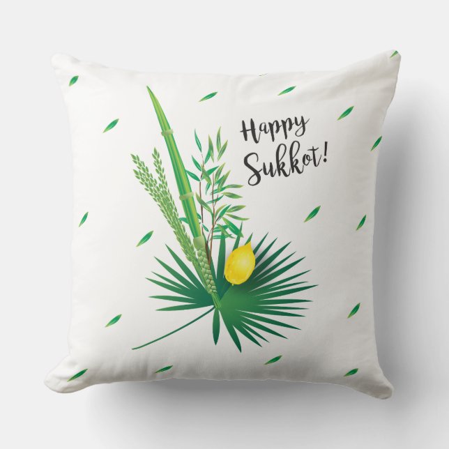 Happy Sukkot Lulav and Etrog Watercolor Pattern Throw Pillow (Front)