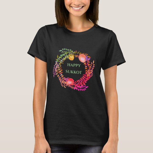 Happy Sukkoth lemons willow and pink leaf wreath  T-Shirt (Front)
