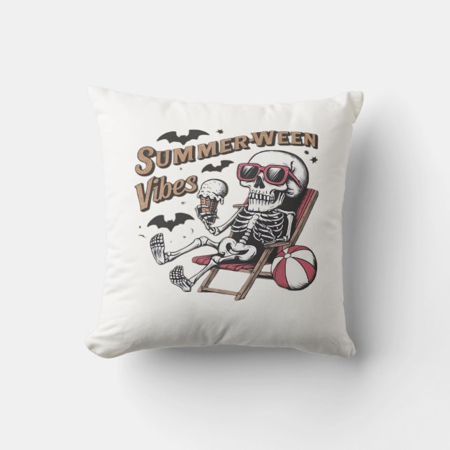 Happy Sumerween Vibes Skeleton Ice Cream Summer Ha Throw Pillow (Front)