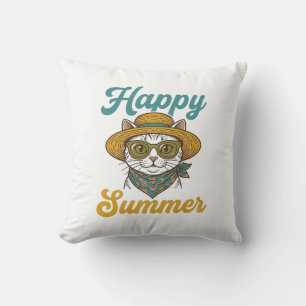Happy Summer Cat Vintage Engraving Shirt Design_1 Throw Pillow