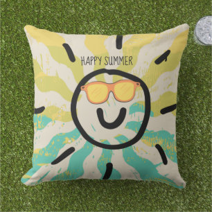 Happy summer cute modern colourful yellow blue chi outdoor pillow