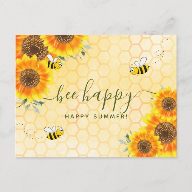 Happy summer greetings sunflowers floral bees postcard (Front)