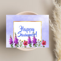 Happy Summer pink flowers on white gold and blue