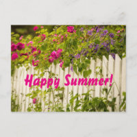 Happy Summer pink roses florals white garden fence