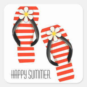 Happy Summer red and white striped flip-flops Square Sticker