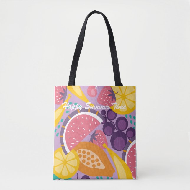 Happy summer time colourful fruit pattern purple tote bag (Front)