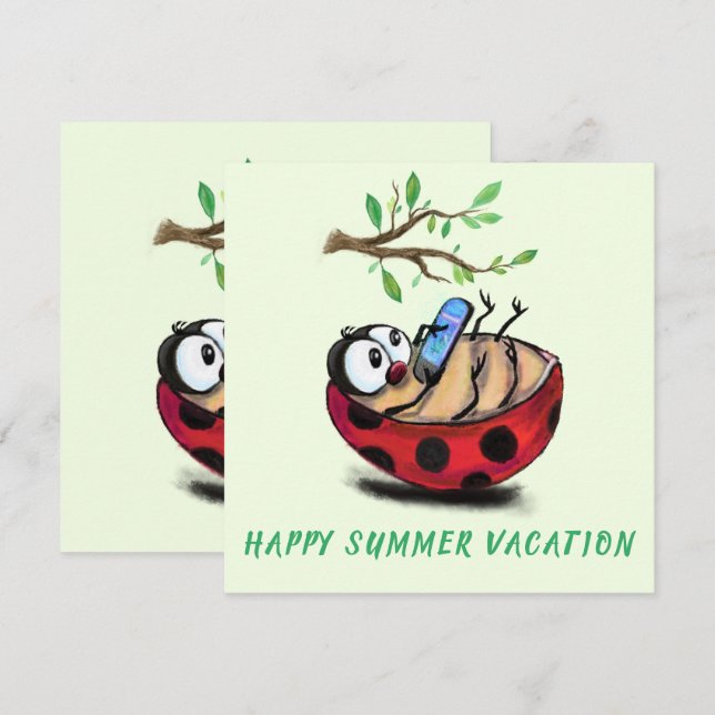 Happy Summer Vacation Card Ladybug with Phone (Front/Back)