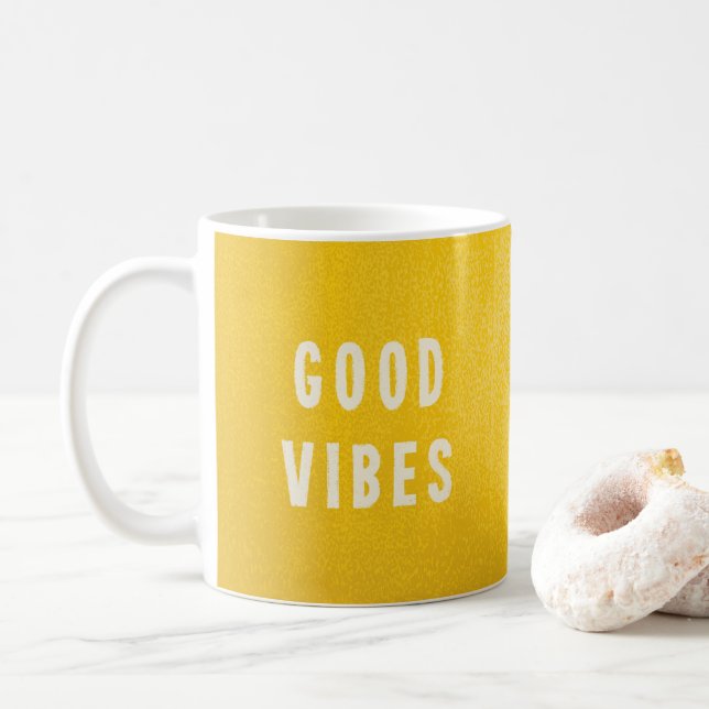 Happy Summer Yellow Good Vibes Typography Coffee Mug (With Donut)