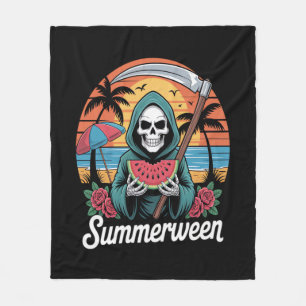 Happy Summerween Grim Reaper Watermelon Summer Fleece Blanket