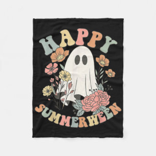 Happy Summerween Halloween Summer Floral Ghost Fleece Blanket