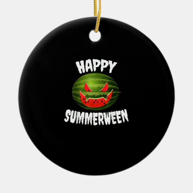 Happy Summerween Retro Watermelon Jack O Lantern Ceramic Ornament (Front)