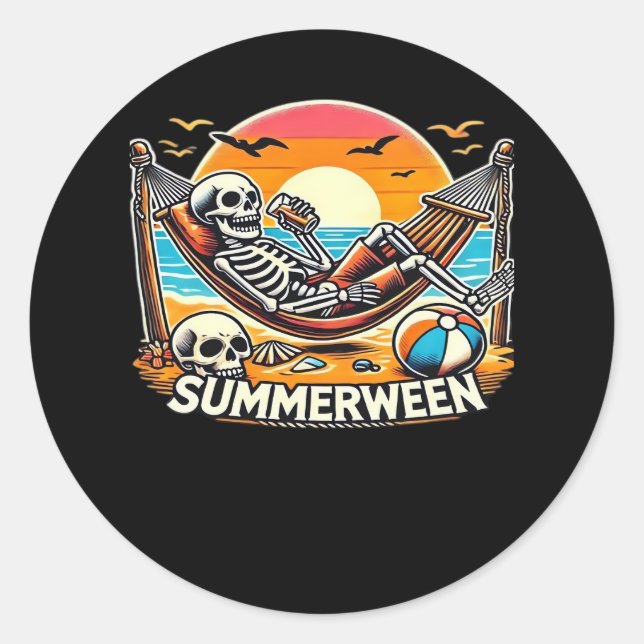 Happy Summerween Skeleton Drink Summer Halloween C Classic Round Sticker (Front)