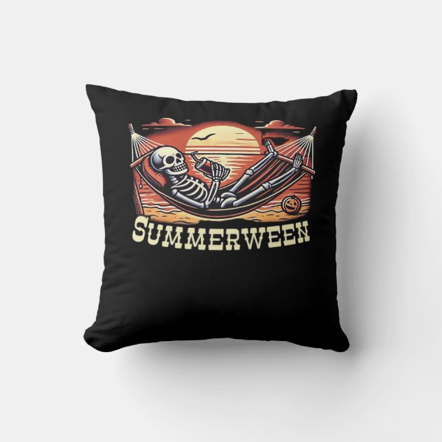 Happy Summerween Skeleton Drink Summer Halloween C Throw Pillow (Front)